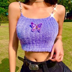 Lavender Knit Crop Top with Butterfly Accent